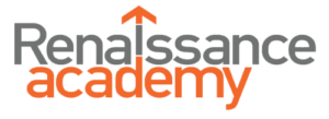 Renaissance Academy Logo with orange and grey and arrow