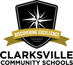 Clarksville Community Schools Logo, black crest with gold ribbon that says Discovering Excellence