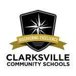 Clarksville Community Schools Logo, black crest with gold ribbon that says Discovering Excellence